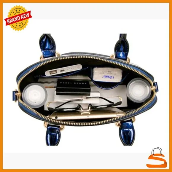 Large Patent Leather Satchel Purse with Adjustable Strap Multi-Pocket Handbag - Picture 4 of 7